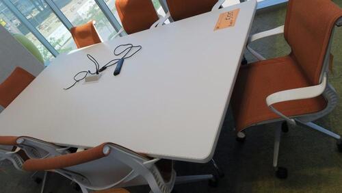 HERMAN MILLER "EAMES" CONFERENCE TABLE, 48" X 96", WHITE LAMINATE TOP, WHITE AND POLISHED SEGMENTED BASE, CENTER POWER MODULE CUTOUT. MSRP $3213