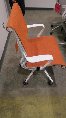 LOT OF 4, HERMAN MILLER "SETU" CHAIR, 5 STAR BASE WITH CASTERS, RIBBON ARMS, STUDIO WHITE FRAME, SEMI POLISHED BASE, CARPET CASTERS, COPPER DIVINA FABRIC SEAT AND BACK. MSRP $1000