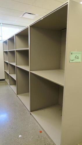 RUN OF 4 SECTIONS, STEEL STOCKROOM SHELVING, EACH UNIT IS 48" WIDE X 36" DEEP X 84" TALL, SOLD BY THE RUN. MSRP $675 EACH SECTION.