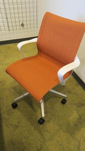 LOT OF 4, HERMAN MILLER "SETU" CHAIR, 5 STAR BASE WITH CASTERS, RIBBON ARMS, STUDIO WHITE FRAME, SEMI POLISHED BASE, CARPET CASTERS, COPPER DIVINA FABRIC SEAT AND BACK. MSRP $1000