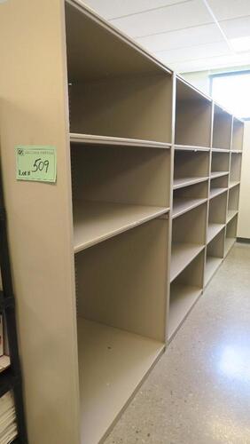 RUN OF 4 SECTIONS, STEEL STOCKROOM SHELVING, EACH UNIT IS 48" WIDE X 36" DEEP X 84" TALL, SOLD BY THE RUN. MSRP $675 EACH SECTION.