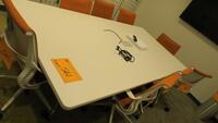 HERMAN MILLER "EAMES" CONFERENCE TABLE, 48" X 96", WHITE LAMINATE TOP, WHITE AND POLISHED SEGMENTED BASE, CENTER POWER MODULE CUTOUT. MSRP $3213