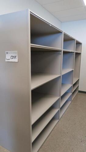RUN OF 3 SECTIONS, STEEL STOCKROOM SHELVING, EACH UNIT IS 48" WIDE X 36" DEEP X 84" TALL, SOLD BY THE RUN. MSRP $675 EACH SECTION.