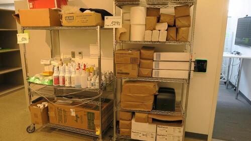 LOT, 2 METRO RACKS, PLUS CONTENTS, CUPS, CLEANING SUPPLIES, BATHROOM SUPPLIES.