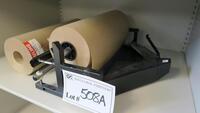 ULINE KRAFT PAPER ROLLER/CUTTER, PLUS EXTRA ROLL OF ULINE 8-3575 KRAFT PAPER.