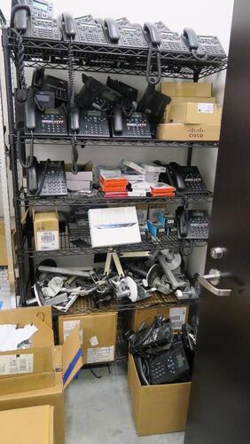LOT, CONTENTS OF CLOSET, IT ACCESSORIES, CABLES, KEYBOARDS, ADAPTORS, IPAD CASES, APHONE CASES, USB POWER BLOCKS, CISCO PHONES, PLANTRONICS HEADSETS, 2 METRO RACKS, MONITOR ARMS AND PARTS, ETC.