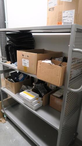 LOT, CONTENTS OF CLOSET, IT ACCESSORIES, 3 ROLLING RACKS, CABLES, KEYBOARDS, ADAPTORS, ETC.
