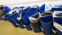 LOT OF 80, 2 WAY PLASTIC TRASH/RECYCLE CAN, BLUE AND BLACK, INTERLOCKING. MSRP $19 EACH