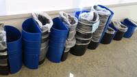 LOT OF 30, 2 WAY PLASTIC TRASH/RECYCLE CAN, BLUE AND BLACK, INTERLOCKING. MSRP $19 EACH