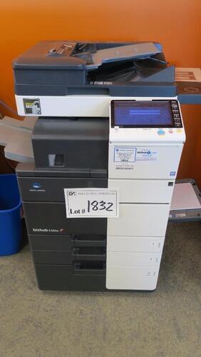 KONICA MINOLTA BIZHUB C454E COPIER, S# A5C0011008154, HIGH-SPEED, HIGH-VOLUME 45 PPM PRINT/COPY OUTPUT IN BOTH COLOR AND B&W, STANDARD DUAL SCANNING HANDLES UP TO 160 ORIGINALS PER MINUTE, ENHANCED INFO-PALETTE DESIGN WITH MULTI-TOUCH INTERFACE FOR FAST, 