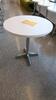LOT OF 3, CAFE TABLE, ROUND TOP, 28" DIAMETER, WHITE LAMINATE, 28 1/2" TALL, POLISHED BASE. MSRP $300 EACH.