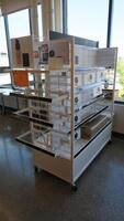 ROLLING GRID DISPLAY RACK. WITH SHELVES, HOOK, AND CUBES. MSRP $850