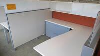 LOT OF 6 ARRANGED HIVE STYLE, HERMAN MILLER "CANVAS OFFICE LANDSCAPE" CUBICLES, BASIC CONFIGURATION AS FOLLOWS: 6' X 6' FOOTPRINT EACH, FT110 FRAMES, FT117 ARCHITECTURAL FEET, FT160 FINISHED ENDS, FT114 FRAME TOP SCREENS, FT128 CONNECTORS, FT380 FRAME TIL