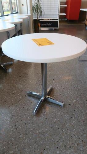 LOT OF 3, CAFE TABLE, ROUND TOP, 28" DIAMETER, WHITE LAMINATE, 28 1/2" TALL, POLISHED BASE. MSRP $300 EACH.