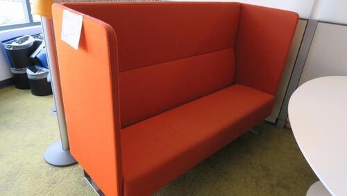 HIGHTOWER "MONOLITE" HIGHBACK 3 SEAT SOFA, CHROME SLED BASE, LEFT AND RIGHT FULL END GABLES, ORANGE FABRIC, W 67.5" x D 24.75" x 48.25" x SH 17.5". MSRP $6745