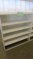 WHITE STEEL OPEN FACE STOREGE CABINET, FRONT AND BACK SHELF RAILS, FULLY ADJUSTABLE. W 48" X D 20" X H 56", CONFIGURED AS SHOWN. MSRP $750