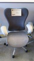 HERMAN MILLER "MIRA 2" PERFORMANCE WORK CHAIR, TILT LIMITER WITH SEAT ANGLE ADJUSTMENT, ADJUSTABLE ARMS, FLEXFRONT ADJUSTABLE DEPTH SEAT, BUTTERFLY SUSPENSION BACK, ADJUSTABLE LUMBAR SUPPORT, SEMI-POLISHED BASE WITH STUDIO WHITE FRAME, 2.5" STANDARD CASTE