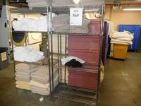 (LOT) ASST'D CARTS, BLANKETS, SHEETS, TOWELS, FANS, SHELVES, TABLES (BASEMENT LAUNDRY ROOM)