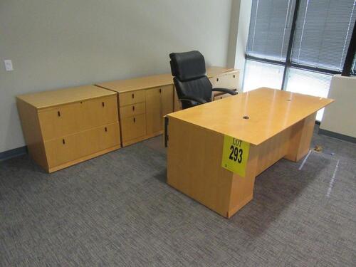 EXECUTIVE 6'FT LONG WOOD DESK WITH CREDENZA, (2) WOOD 2 DRAWER LATERAL FILES, (2) WOOD 4 DRAWER LATERAL FILES, (1) CHAIR