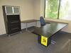 LOT L-SHAPE DESK, (2) METAL 4 DRAWER FILE CABINETS, (1) METAL 2 DRAWER FILE CABINET, (1) COMBINATION CABINET