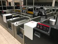 A pair of check in desks with Avery Weigh-Tronix scales 2KG-150KG. D 900mm, W 1250mm, H 1160mm. Weigh belt 900mm by 750mm. Feeder belt 1330mm by 750mm. Each desk complete with display screen and bracket. Desks consist of three drawers, digital display and