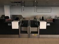 A pair of check in desks with Avery Weigh-Tronix scales 2KG-150KG. D 900mm, W 1250mm, H 1160mm. Weigh belt 900mm by 750mm. Feeder belt 1330mm by 750mm. Each desk complete with display screen and bracket. Desks consist of three drawers, digital display and