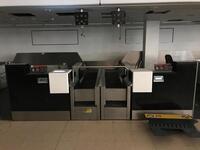 A pair of check in desks with Avery Weigh-Tronix scales 2KG-150KG. D 900mm, W 1250mm, H 1160mm. Weigh belt 900mm by 750mm. Feeder belt 1330mm by 750mm. Each desk complete with display screen and bracket. Desks consist of three drawers, digital display and