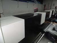 Airline desks (information) 4 -modules, rear storage space, consisting of shelves and cupboard, under counter seating space. Each module D900mm, W 1200mm, H 950mm