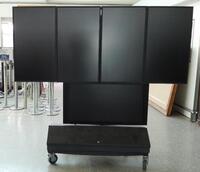 5 screen display portable unit, comprising of 5 MultiSync P402 LCD monitors. W2200mm, H 1950mm NEC multisync p402,hdmi /multiple serial ports Monitors 2 backfitted dome cctv cameras and front lockable storage cabinet Storage slip over cover.