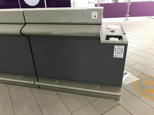 Right side security information desk. Stainless steel frontage and kick bar. Lockable cupboard and storage shelf. Width 1200mm, depth 900mm, height 1200mm.