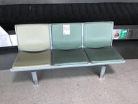 (42) Three person seat, cast alloy construction. Green leather style seat and backs, chromed feet. L 1600mm D 600mm H 800mm