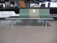 (10) Three person seats and left hand side table, cast alloy construction. Green leather style seat and backs, chromed feet. L 2200mm D 600mm H 800mm