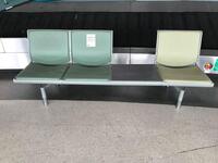 (7) Three person seats and table on right middle, cast alloy construction. Green leather style seat and backs, chromed feet. L 2100mm D 600mm H 800mm