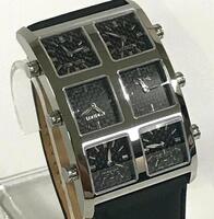 ICELINK 6 TIME ZONE WATCH, STAINLESS STEEL, WATER RESISTANT, BLACK LEATHER STRAP, NO. AM 0598, PAT NO. D509 149 S - Store Display, No Box, No Papers