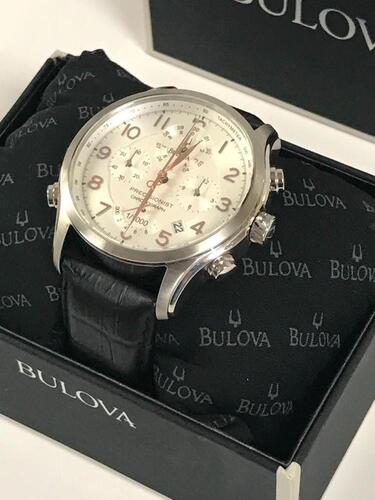 BULOVA PRECISIONIST CHRONOGRAPH WATCH, WHITE DIAL, LEATHER STRAP, MODEL: 96B182 - Store Display, With Box, Manual Included