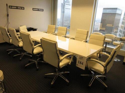 WHITE/CREAM CONFERENCE TABLE WITH 10 HIGH BACK OFFICE CHAIRS, 126.5" LONG X 39.5" WIDTH X 30.5" HEIGHT, (ALL CHAIRS ARE PEELING)