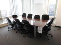 9' FT LONG WOOD CONFERENCE TABLE WITH METAL LEGS, (2) POWER PORTS, (10) OFFICE CHAIRS, 4'FT WIDTH X 29" HEIGHT