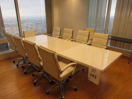 WHITE/CREAM CONFERENCE TABLE WITH 10 HIGH BACK OFFICE CHAIRS, 126.5" LONG X 39.5" WIDTH X 30.5" HEIGHT, (ALL CHAIRS ARE PEELING)