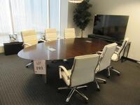 10'FT LONG WOOD OVAL CONFERENCE TABLE WITH METAL LEGS, WITH (2) POWER PORTS, (6) OFFICE CHAIRS, 5' WIDTH x 29.5 HEIGHT, (ALL CHAIRS ARE PEELING)