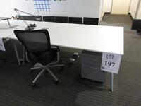 GALANT 18222 DESK WITH PEDESTAL, WHITE TOP/ GRAY METAL LEGS, 77" LONG X 43" WIDE X 28" HEIGHT, AND OFFICE CHAIR