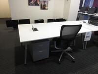 GALANT 18222 DESK WITH PEDESTAL, WHITE TOP/ GRAY METAL LEGS, 77" LONG X 43" WIDE X 28" HEIGHT, AND OFFICE CHAIR