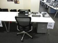 GALANT 18222 DESK WITH PEDESTAL, WHITE TOP/ GRAY METAL LEGS, 77" LONG X 43" WIDE X 28" HEIGHT, AND OFFICE CHAIR