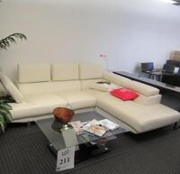 L-SHAPE SOFA WITH GLASS COFFEE TABLE, SOFA 114" LONG X 82" WIDE, TABLE 45" LONG X 29.5 WIDE