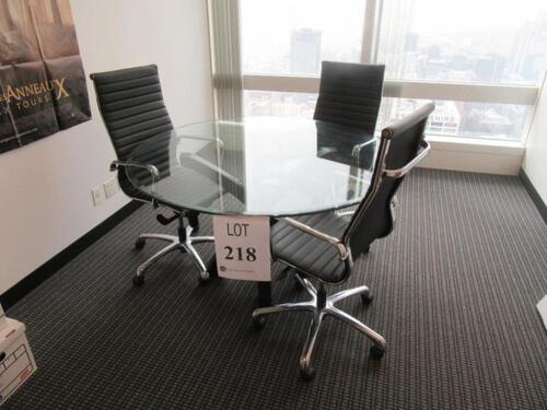 54" ROUND GLASS TABLE WITH WOOD BASE AND (3) OFFICE CHAIRS, (2) CABINETS