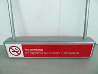 Illuminated ceiling mounted sign, rounded box construction, H225mm, W1100mm, D150mm