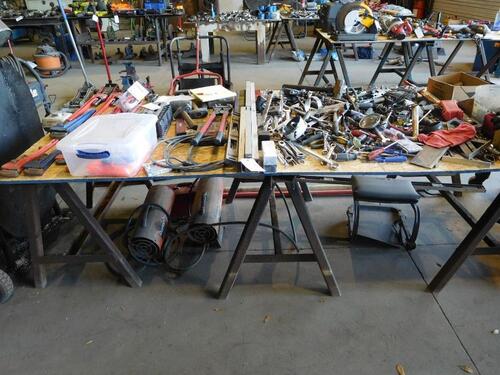 (LOT) ASST'D HAND TOOLS, WRENCHES, PLYERS, SOCKETS, DRILLS, SAWS, LEVELS, HAMMERS ETC.