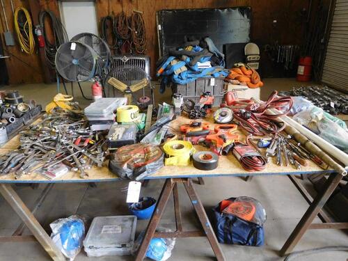 (LOT) ASST'D TOOLS, LEVER HOISTS, TAPE MEASURES, JUMPER CABLES, AIR GAGES, AIR HOSES, HELMETS, CONES ETC.