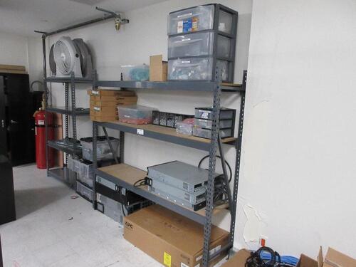 LOT OF ASST'D SOFTWARE, CABLES, SCREWS, UPS (FOR PARTS), 2 SECTIONS OF SHELVING, (2) STORAGE CABINETS, (2) FILE CABINETS AND(1) 4 DOOR LATERAL FILE, (2ND FLOOR)