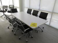 WHITE CONFERENCE TABLE WITH METAL LEGS ON CASTERS 7' X 3' X 29", (7) BLACK AND CHROME CHAIRS, (2ND FLOOR)