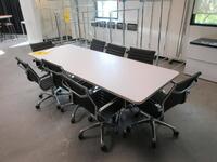 WHITE CONFERENCE TABLE WITH METAL LEGS ON CASTERS 8' X 3' X 29", (8) BLACK AND CHROME CHAIRS, (2ND FLOOR)